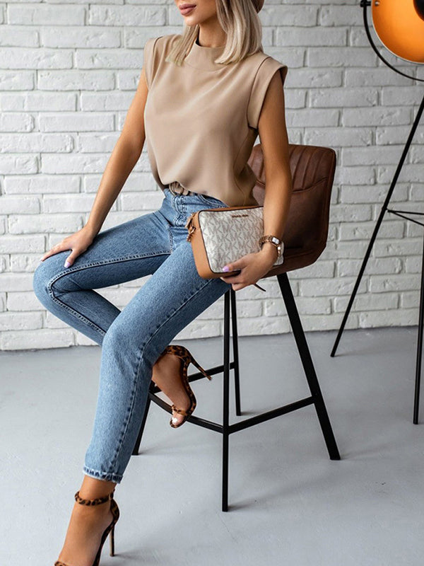 Hollow Solid Color Cap Sleeve Loose Mock Neck T-Shirts Tops