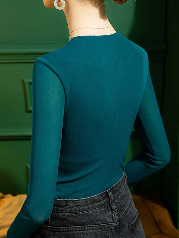 Knot Solid Color Split-Joint Long Sleeves Plus Size V-neck T-Shirts Tops