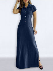 Buttoned Pockets Split-side High Waisted Plus Size Lapel Maxi Dresses