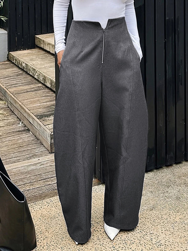 Loose Pockets Solid Color Zipper Pants Trousers