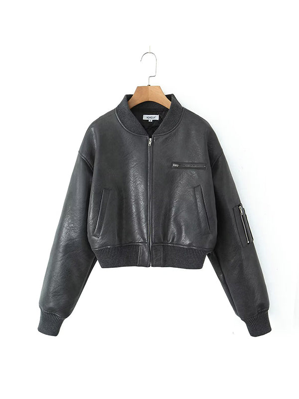 Quilted Solid Color Zipper Stand Collar PU Outerwear Jackets