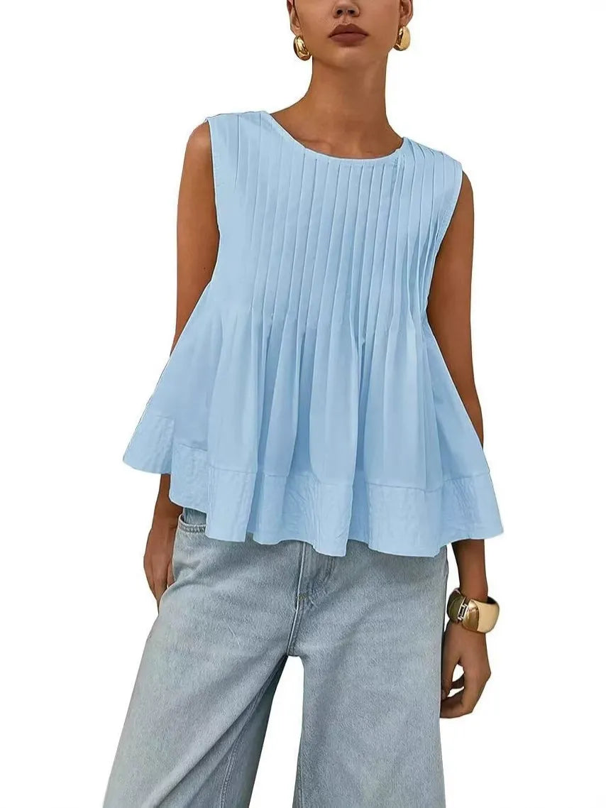 Pleated Solid Color Split-Joint Zipper Loose Sleeveless Round-neck Vest Top