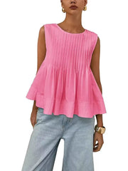 Pleated Solid Color Split-Joint Zipper Loose Sleeveless Round-neck Vest Top