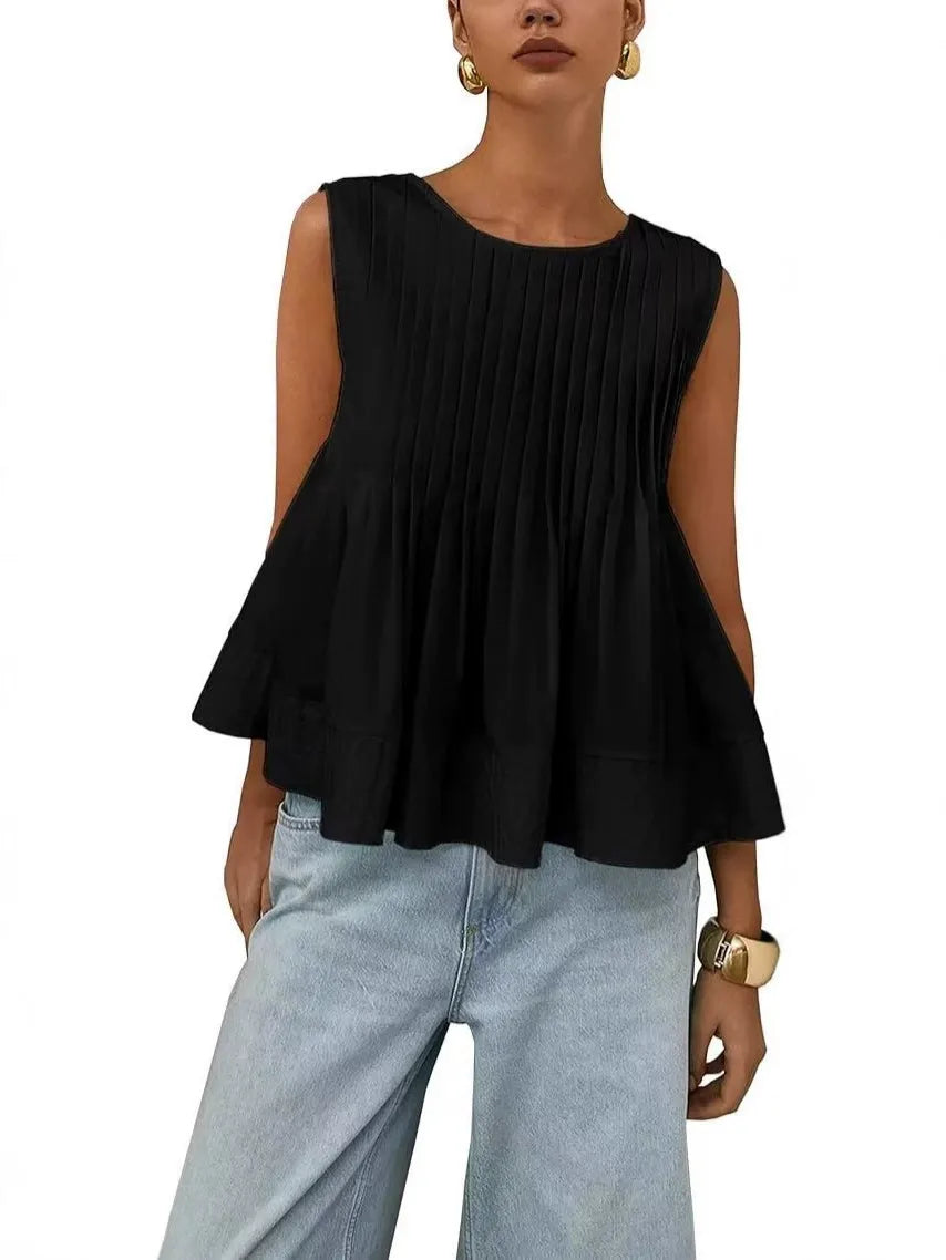 Pleated Solid Color Split-Joint Zipper Loose Sleeveless Round-neck Vest Top