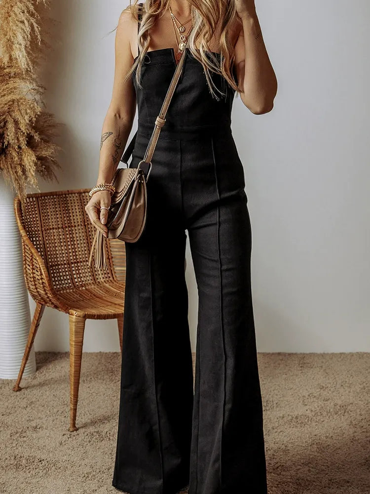 Pockets Solid Color Zipper High Waisted Loose Spaghetti-Neck Jumpsuits