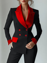 Buttoned Contrast Color Long Sleeves V-Neck Blouses&Shirts Tops