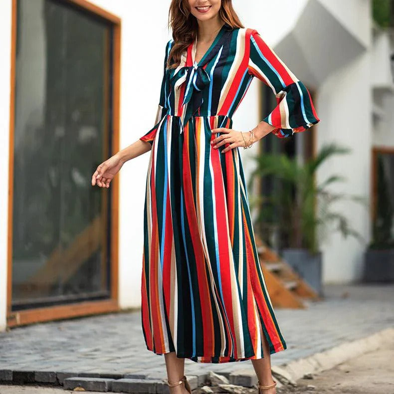 Long Sleeves Loose Multi-Colored Pleated Striped High Neck Maxi Dresses