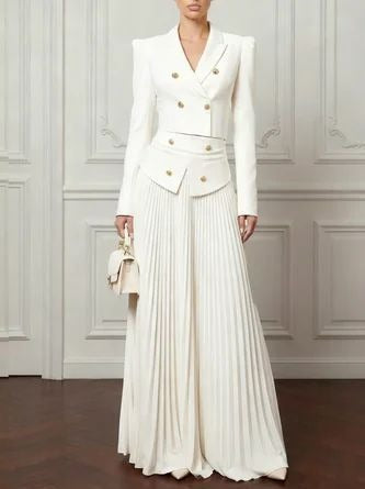 Elasticated Waist High Waisted Big Hemline Pleated Pockets Solid Color Zipper Wide Leg Pants