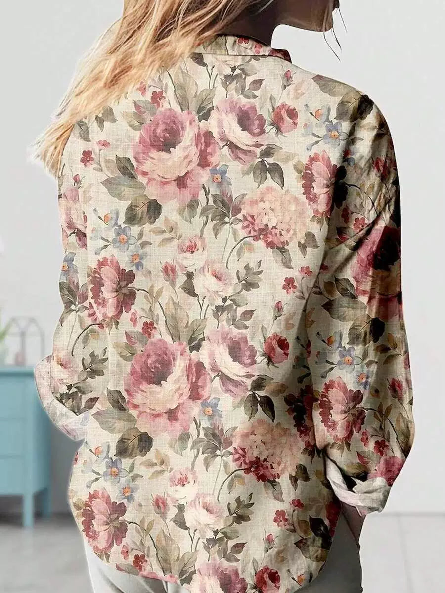 Printed Split-Joint High-low Long Sleeves Blouses