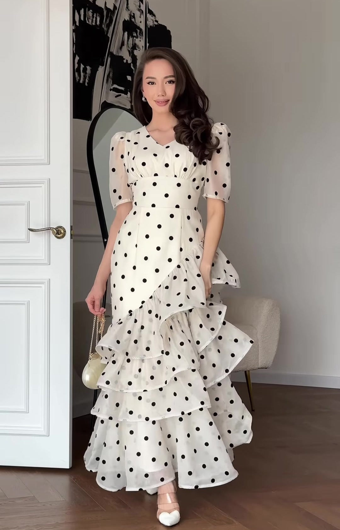 Elasticity Polka-Dot See-Through Split-Joint Tied Long Sleeves Loose Mock Neck Maxi Dresses