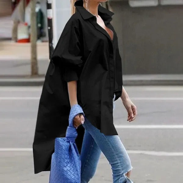 High-Waisted Hollow Solid Color Loose Puff Sleeves Lapel Collar Blouses&shirts Tops