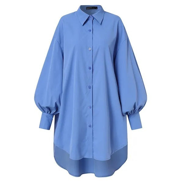 High-Waisted Hollow Solid Color Loose Puff Sleeves Lapel Collar Blouses&shirts Tops