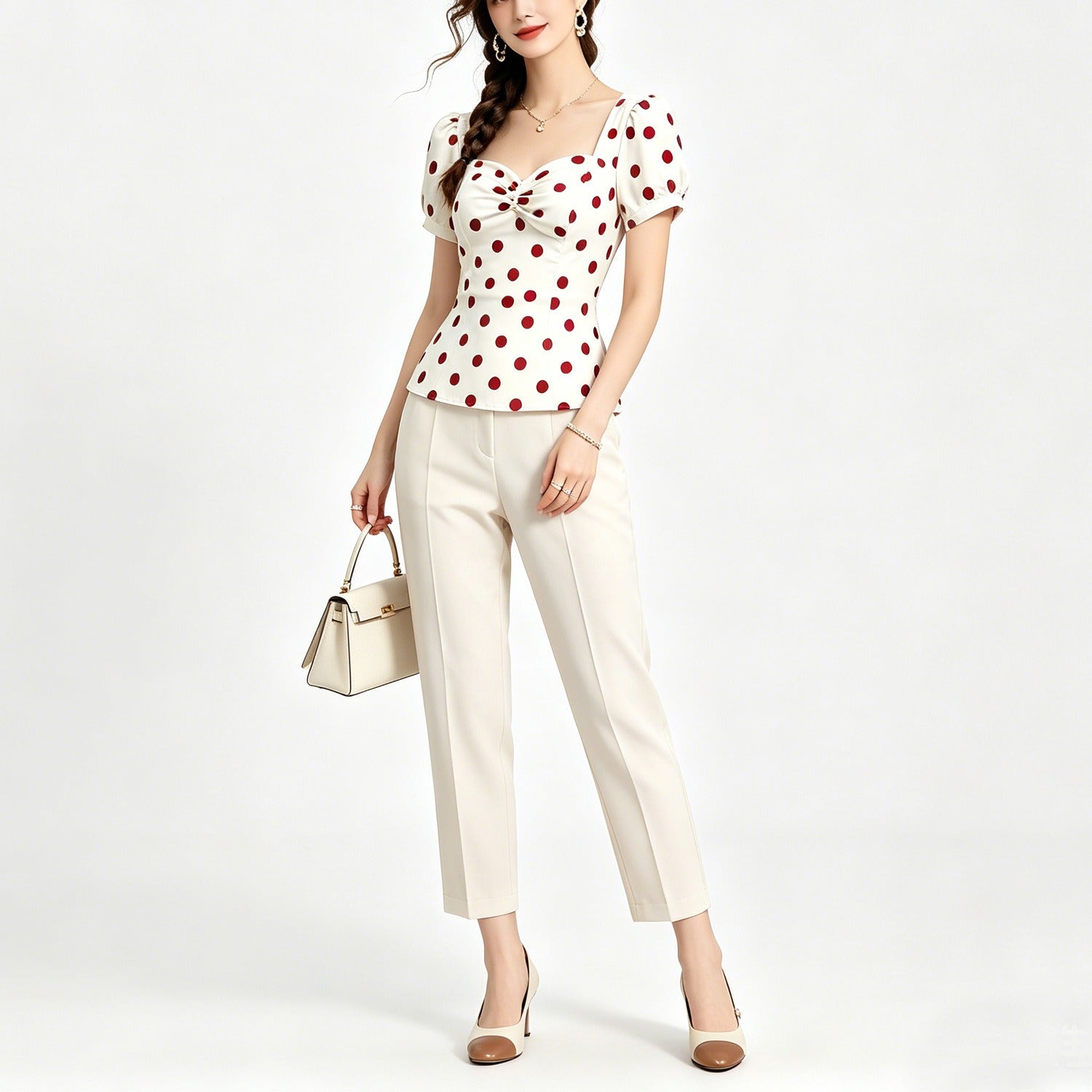 Stylish White Polka-Dot Stand Collar Short Sleeves Blouse Top