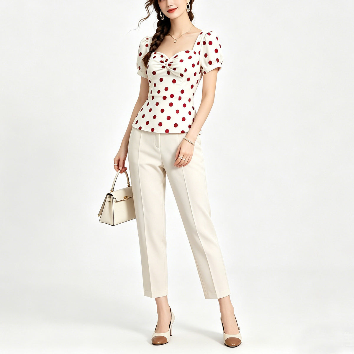 Stylish White Polka-Dot Stand Collar Short Sleeves Blouse Top