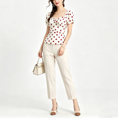 Stylish White Polka-Dot Stand Collar Short Sleeves Blouse Top