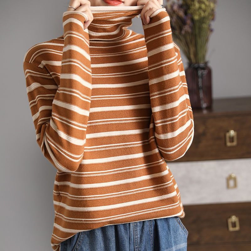 Long Sleeves Skinny Contrast Color Split-Joint Striped High Neck T-Shirts Tops