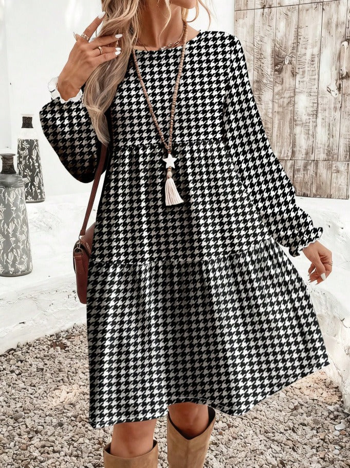 Printed Long Sleeves Loose Boat Neck Maxi Dresses