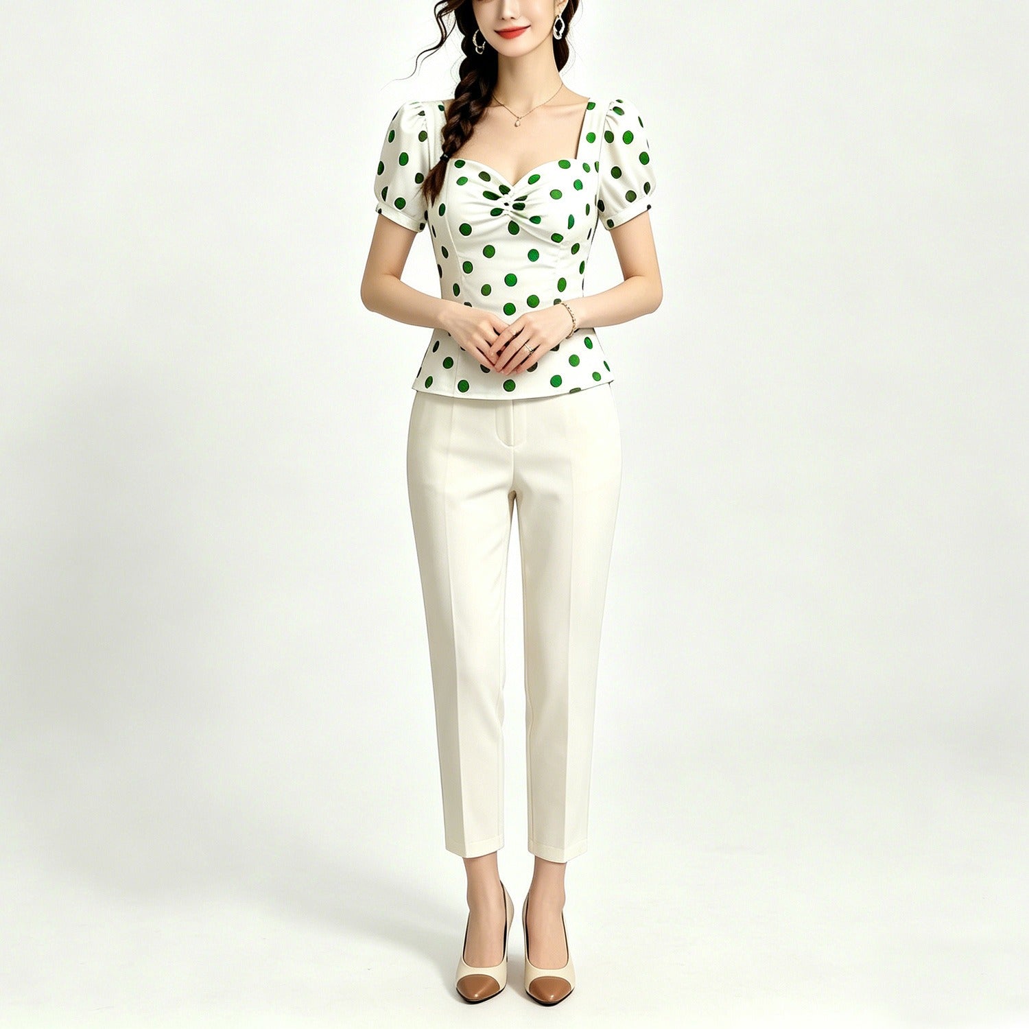 Stylish White Polka-Dot Stand Collar Short Sleeves Blouse Top