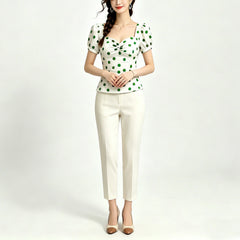 Stylish White Polka-Dot Stand Collar Short Sleeves Blouse Top