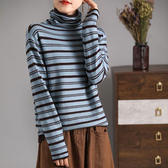 Long Sleeves Skinny Contrast Color Split-Joint Striped High Neck T-Shirts Tops
