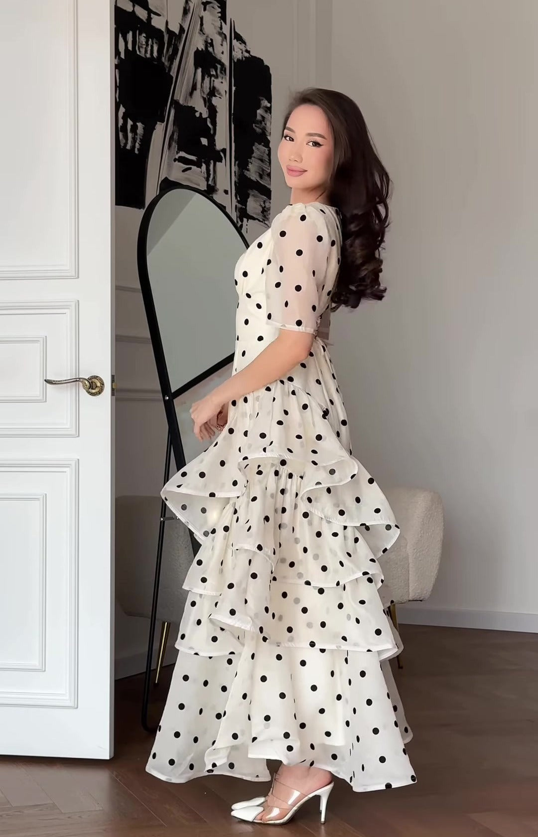 Elasticity Polka-Dot See-Through Split-Joint Tied Long Sleeves Loose Mock Neck Maxi Dresses