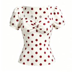 Stylish White Polka-Dot Stand Collar Short Sleeves Blouse Top