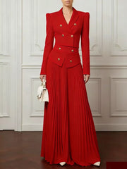 Elasticated Waist High Waisted Big Hemline Pleated Pockets Solid Color Zipper Wide Leg Pants