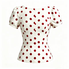 Stylish White Polka-Dot Stand Collar Short Sleeves Blouse Top
