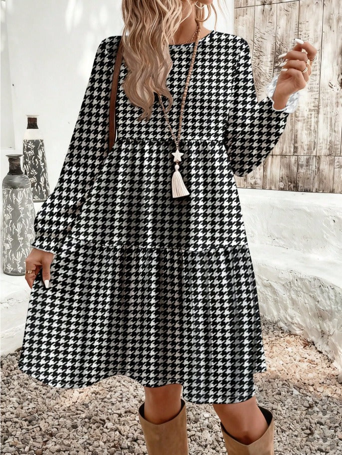 Printed Long Sleeves Loose Boat Neck Maxi Dresses