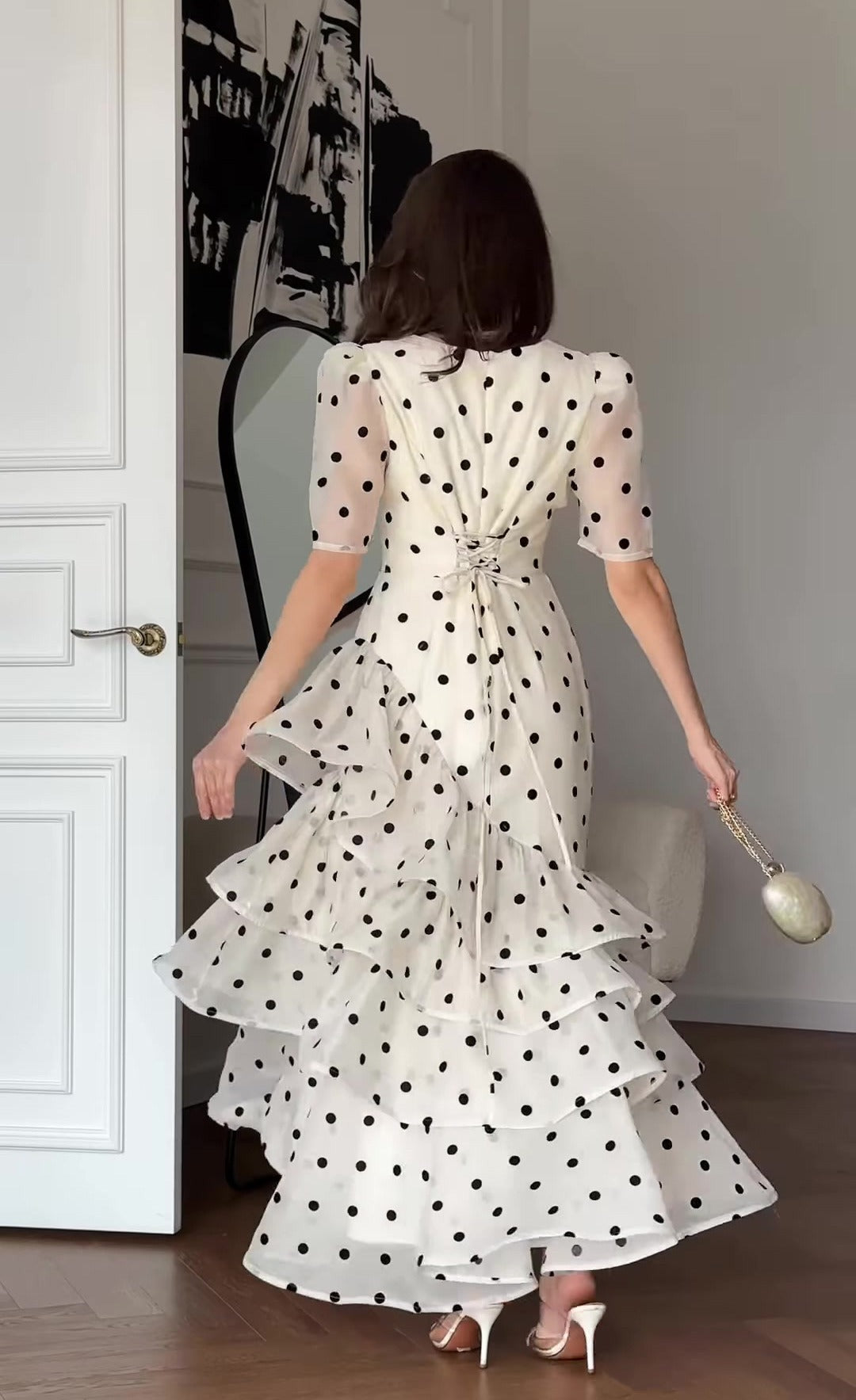 Elasticity Polka-Dot See-Through Split-Joint Tied Long Sleeves Loose Mock Neck Maxi Dresses