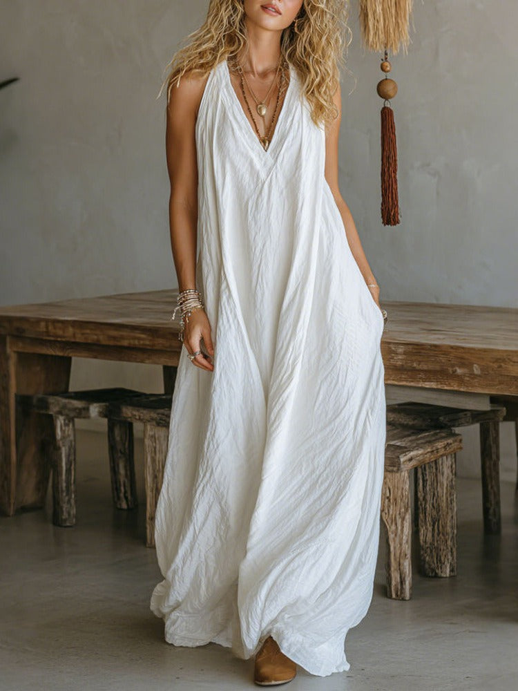 Loose Sleeveless Pleated Solid Color V-Neck Maxi Dresses