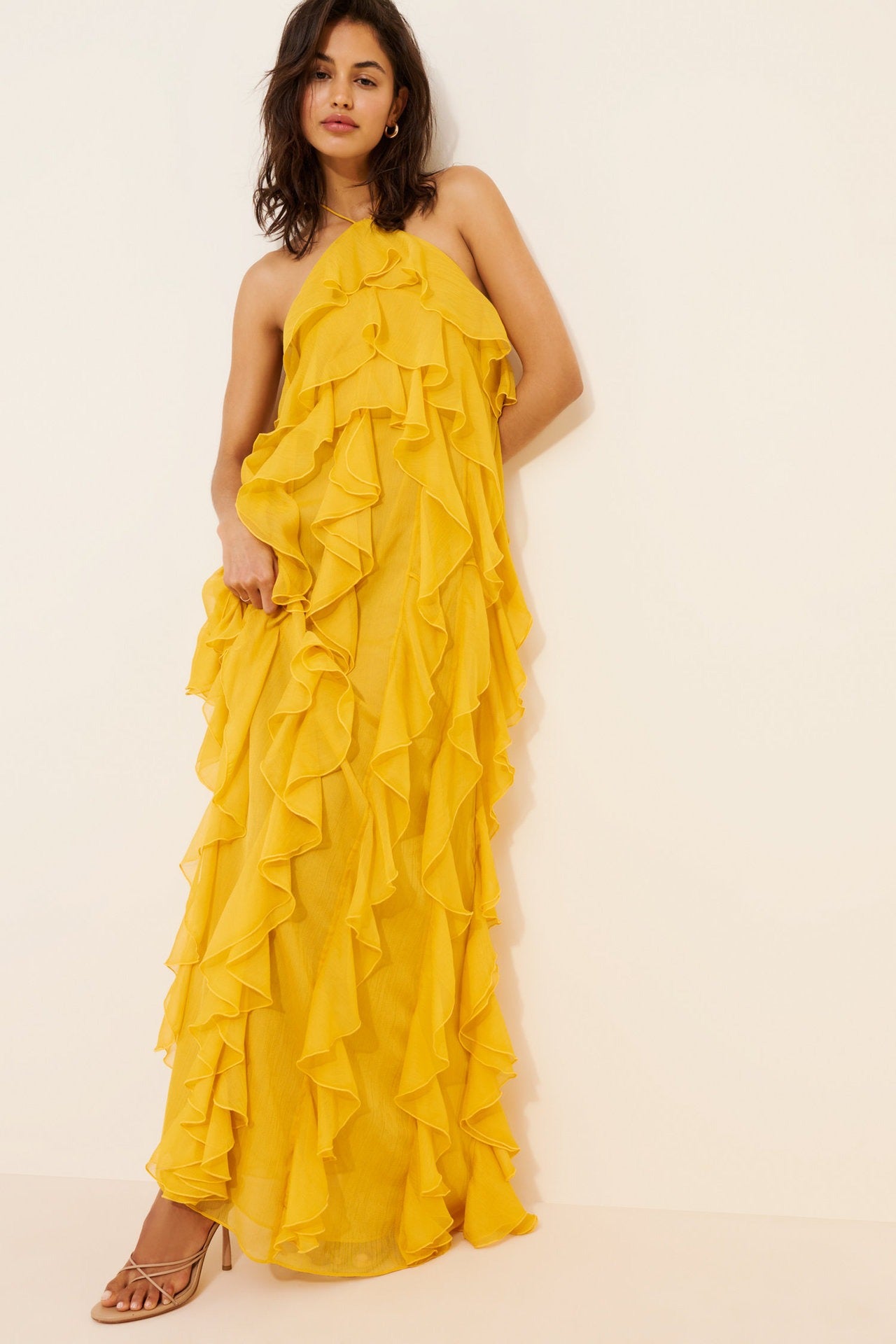 Layered Ruffle Trim Solid Color Split-Front Zipper Loose Sleeveless Half Turtleneck Maxi Dresses