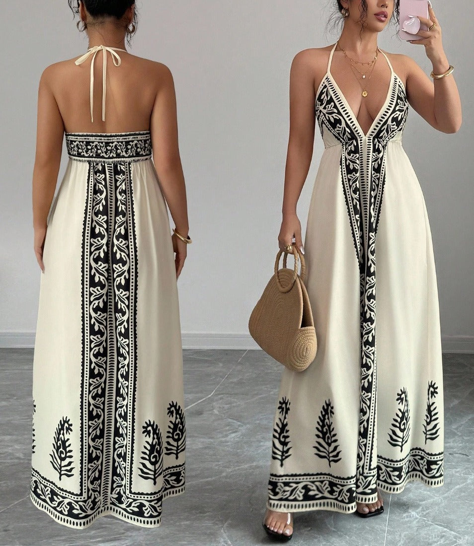 Printed pattern halter-neck dress
