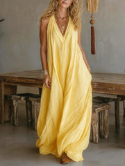 Loose Sleeveless Pleated Solid Color V-Neck Maxi Dresses
