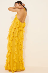 Layered Ruffle Trim Solid Color Split-Front Zipper Loose Sleeveless Half Turtleneck Maxi Dresses