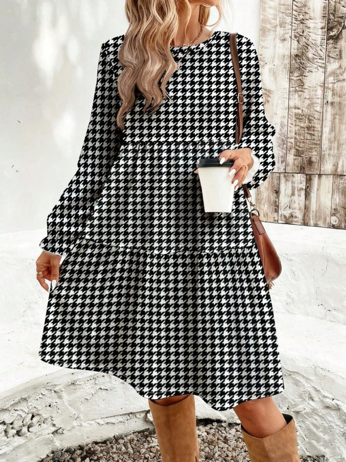Printed Long Sleeves Loose Boat Neck Maxi Dresses