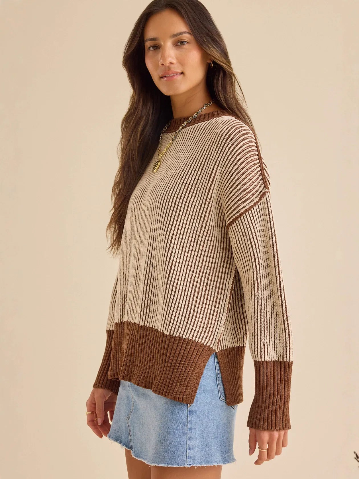 Contrast Color Split-Side High-Low Long Sleeves High Neck Sweater Tops Pullovers