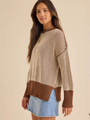 Contrast Color Split-Side High-Low Long Sleeves High Neck Sweater Tops Pullovers