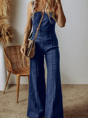 Pockets Solid Color Zipper High Waisted Loose Spaghetti-Neck Jumpsuits