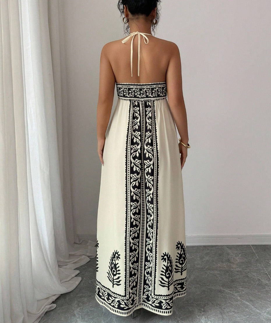 Printed pattern halter-neck dress
