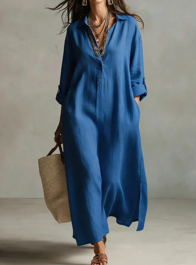 Half Sleeves High Waisted Pleated See-Through Solid Color Lapel Midi Dresses Shirt Dress