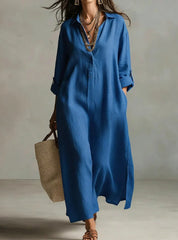 Half Sleeves High Waisted Pleated See-Through Solid Color Lapel Midi Dresses Shirt Dress