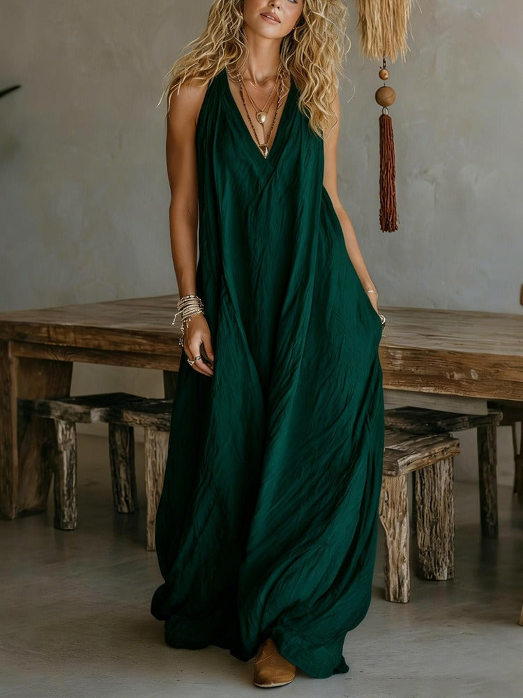 Loose Sleeveless Pleated Solid Color V-Neck Maxi Dresses