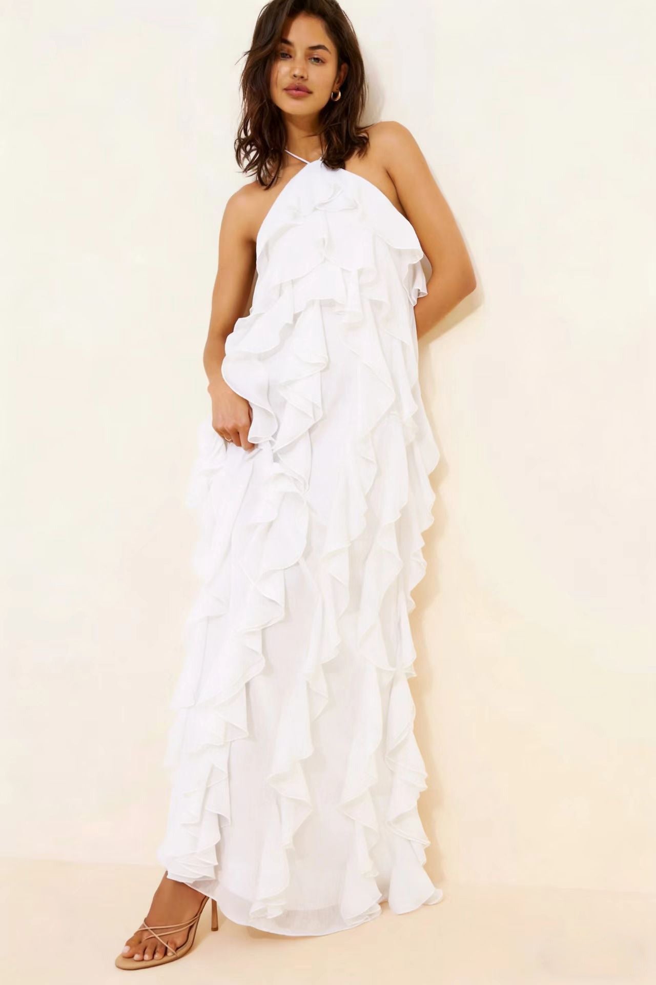 Layered Ruffle Trim Solid Color Split-Front Zipper Loose Sleeveless Half Turtleneck Maxi Dresses
