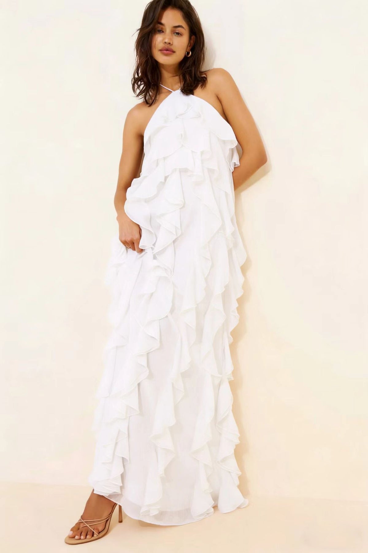 Layered Ruffle Trim Solid Color Split-Front Zipper Loose Sleeveless Half Turtleneck Maxi Dresses