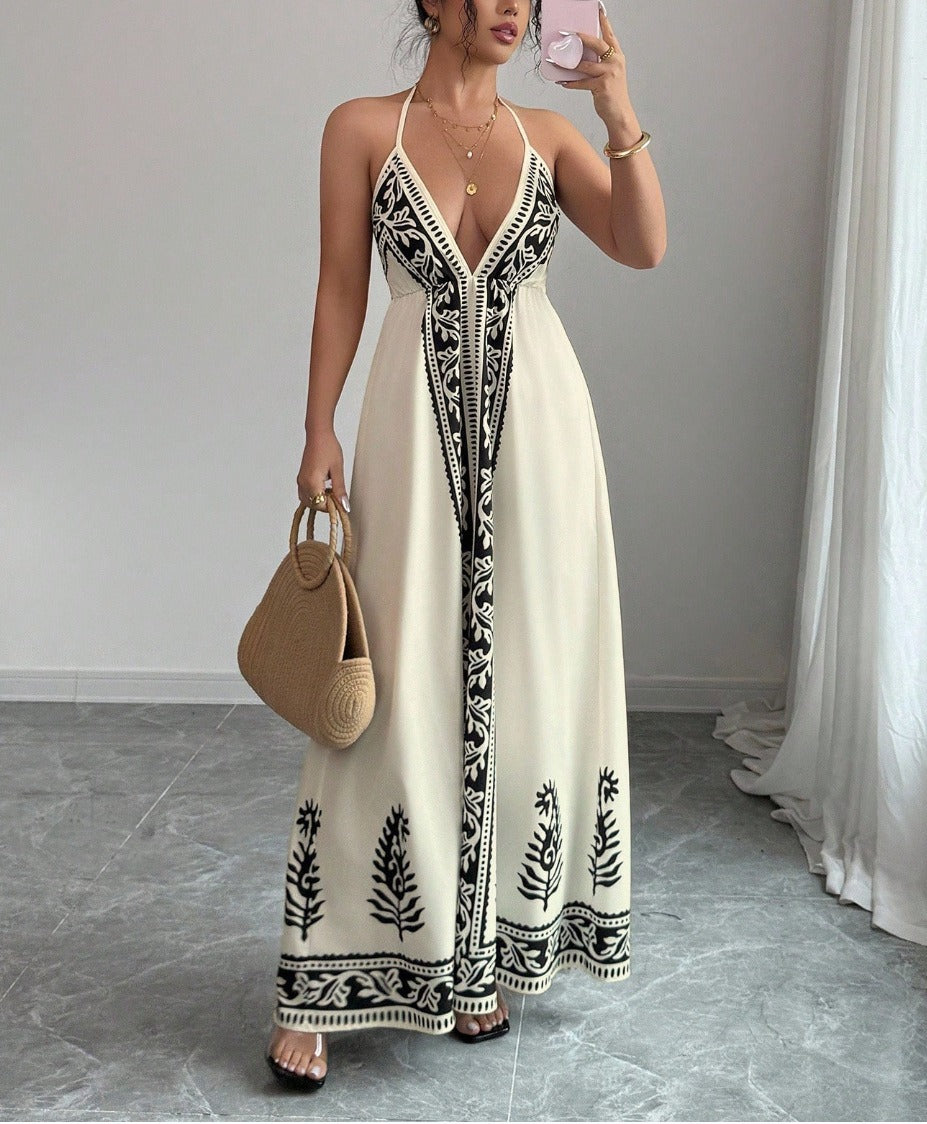Printed pattern halter-neck dress