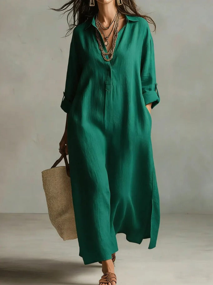Half Sleeves High Waisted Pleated See-Through Solid Color Lapel Midi Dresses Shirt Dress