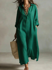 Half Sleeves High Waisted Pleated See-Through Solid Color Lapel Midi Dresses Shirt Dress