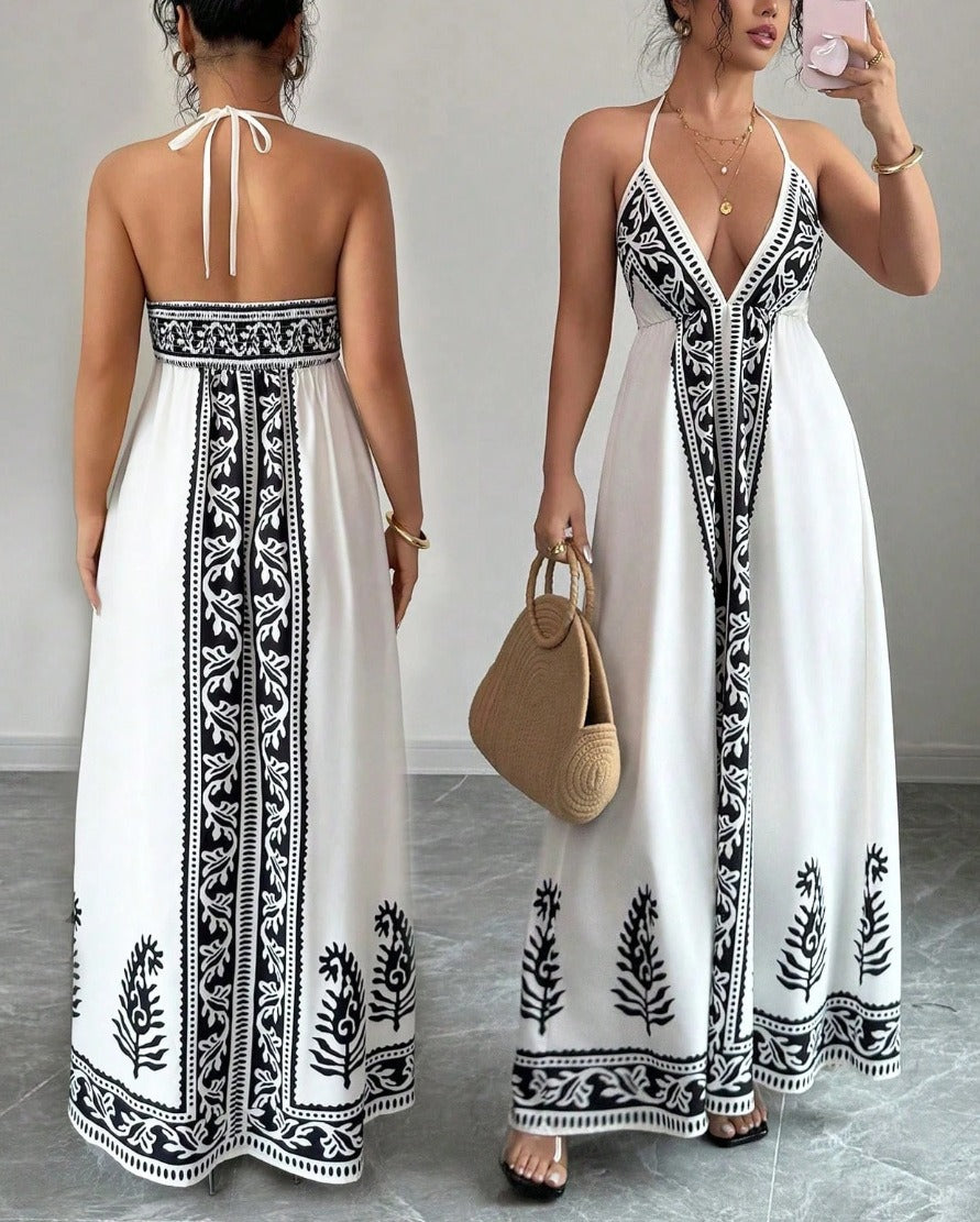 Printed pattern halter-neck dress