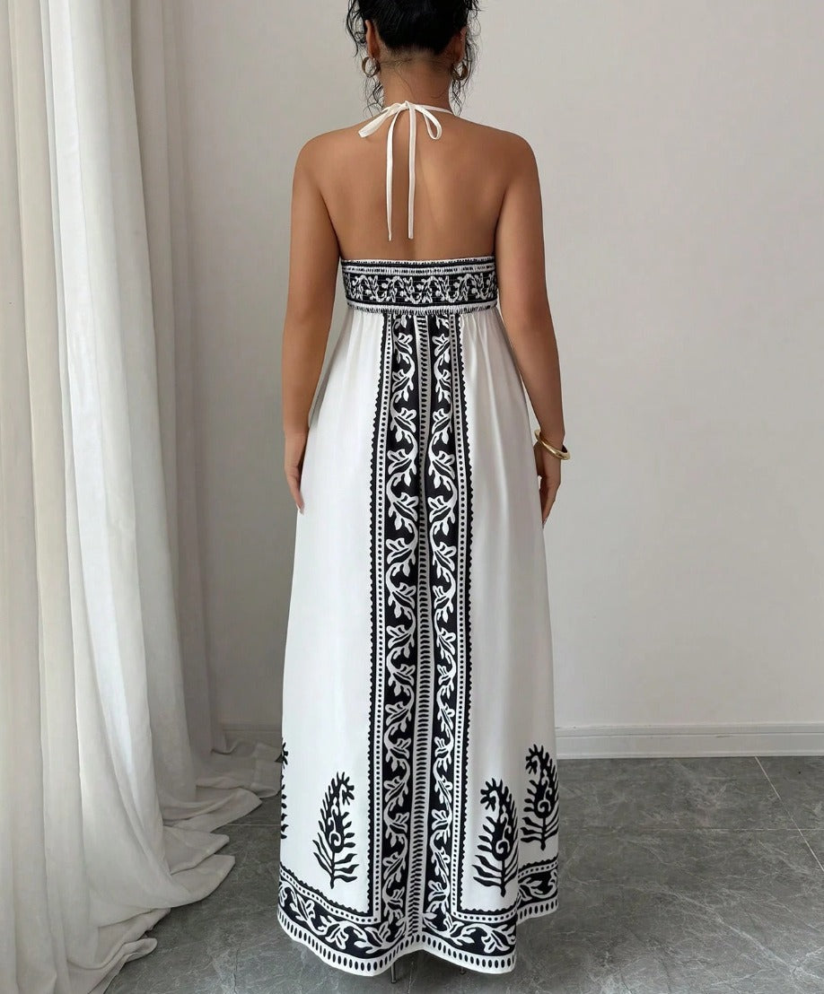 Printed pattern halter-neck dress